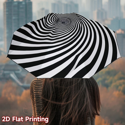 1pc Automatic Open/Close Umbrella with Auto-Folding Mechanism, 8-Rib Heavy-Duty Iron Frame & Black/White Spiral Canopy - Automatic Folding Portable Travel Umbrella for Men & Women, Compact  Umbrella for Everyday Carry, Perfec