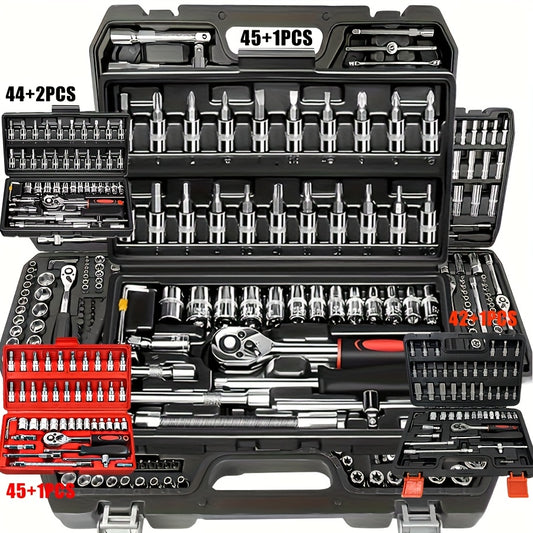 High-end Professional 45+1/44+2pcs Tool Set, Auto/bicycle Repair Machinery Kit, 1/2 Inch *1/4 Inch 3/8 Inch Drive Depth And Standard Wrench Set, Race-grade Auto Parts Repair Ratchet Wrench And Other Auto Repair Accessories To