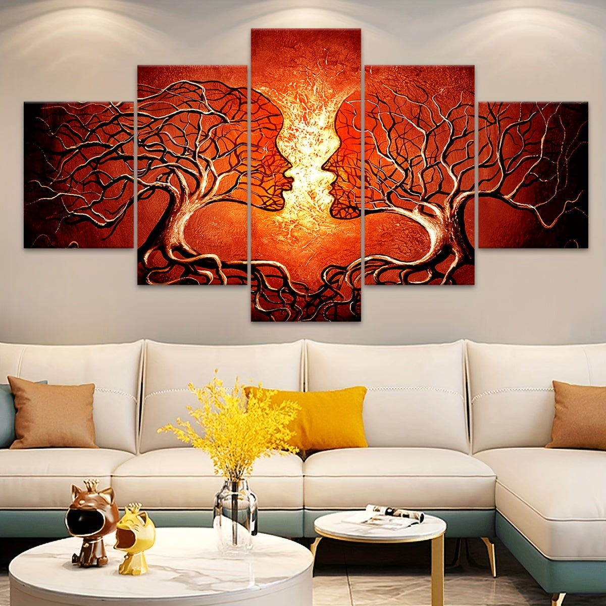 2D Flat, [2D FLAT] 5pcs Frame Artistic Tree Face Canvas Poster, Five Panel Scene Art, Modular Picture, Print Painting, Modern Art, Ideal Decor for Bedroom Living Room Kitchen Dorm, Wall Decoration, Gift for Family Friends, Mu