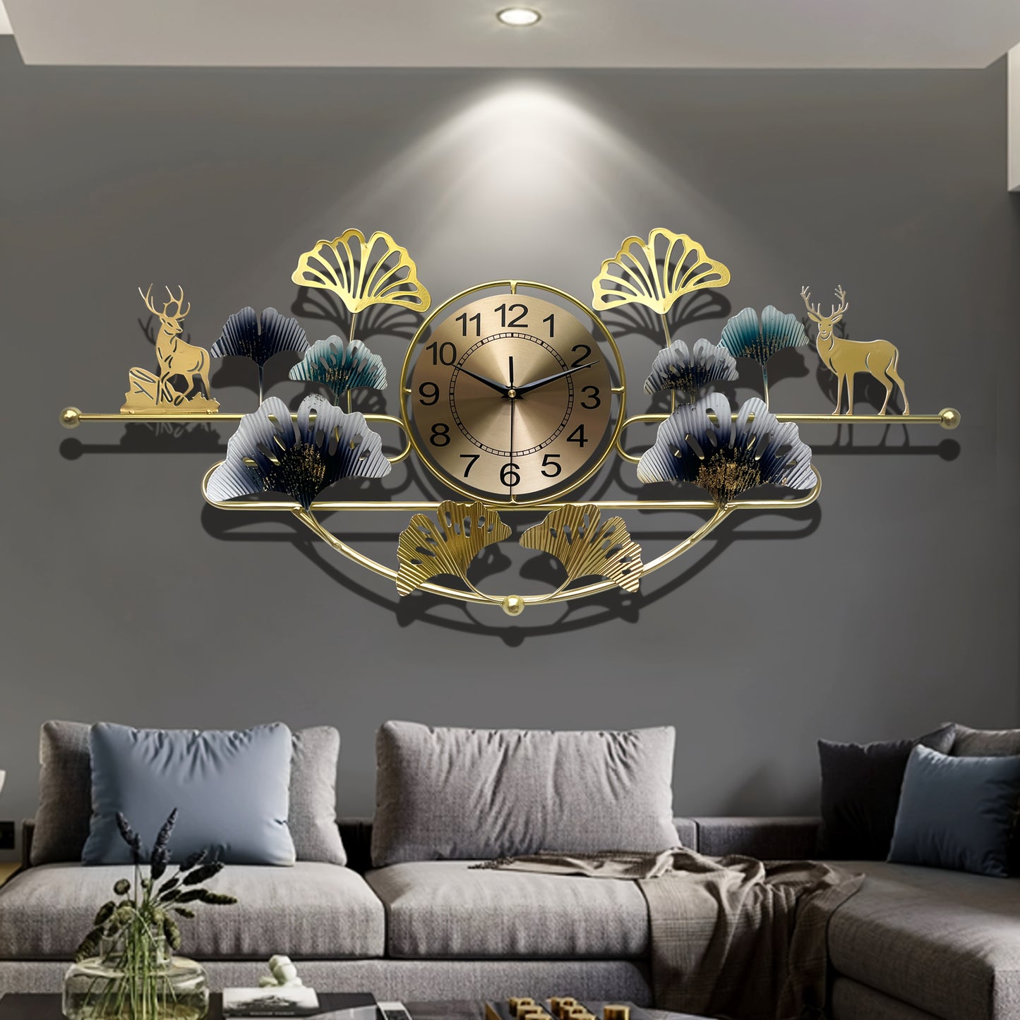 3D Creative Wrought Iron Wall Clock for Bedroom Living Room, 32.68in x 14.57in Ginkgo Leaf Silent Wall Clock, Wrought Iron Decor Gift, Large Black Golden Green for Dining Room