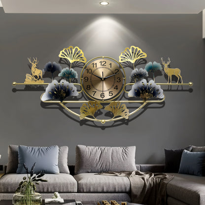3D Creative Wrought Iron Wall Clock for Bedroom Living Room, 32.68in x 14.57in Ginkgo Leaf Silent Wall Clock, Wrought Iron Decor Gift, Large Black Golden Green for Dining Room