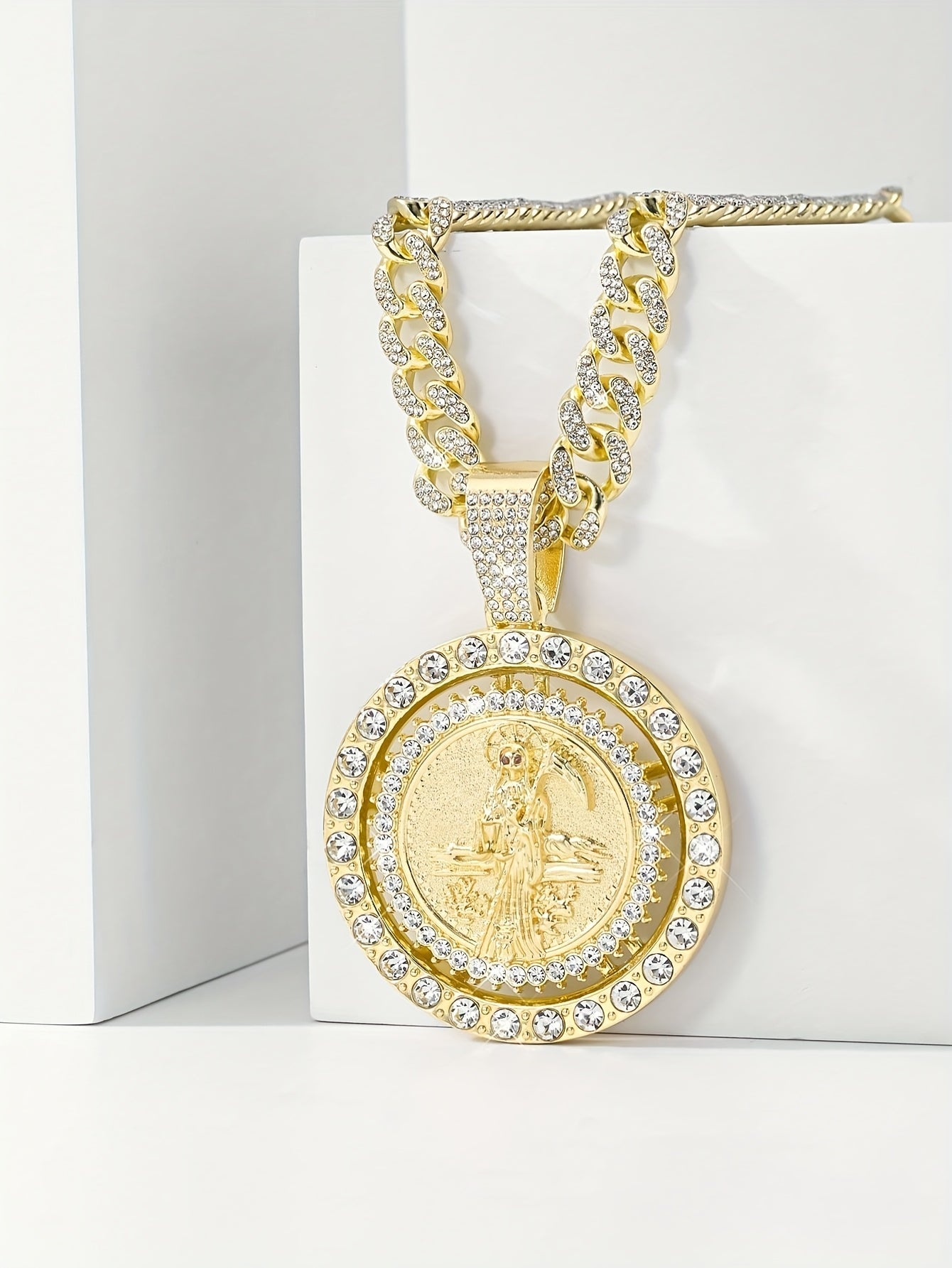 14K Gold Plated Saint Mortule God of Death Pendant Necklace - Rotating Bohemian Religious Medal Jewelry with 3A, Unisex for men & Women, Christmas/Easter Gift, Year-Round Wear (Copper Base)