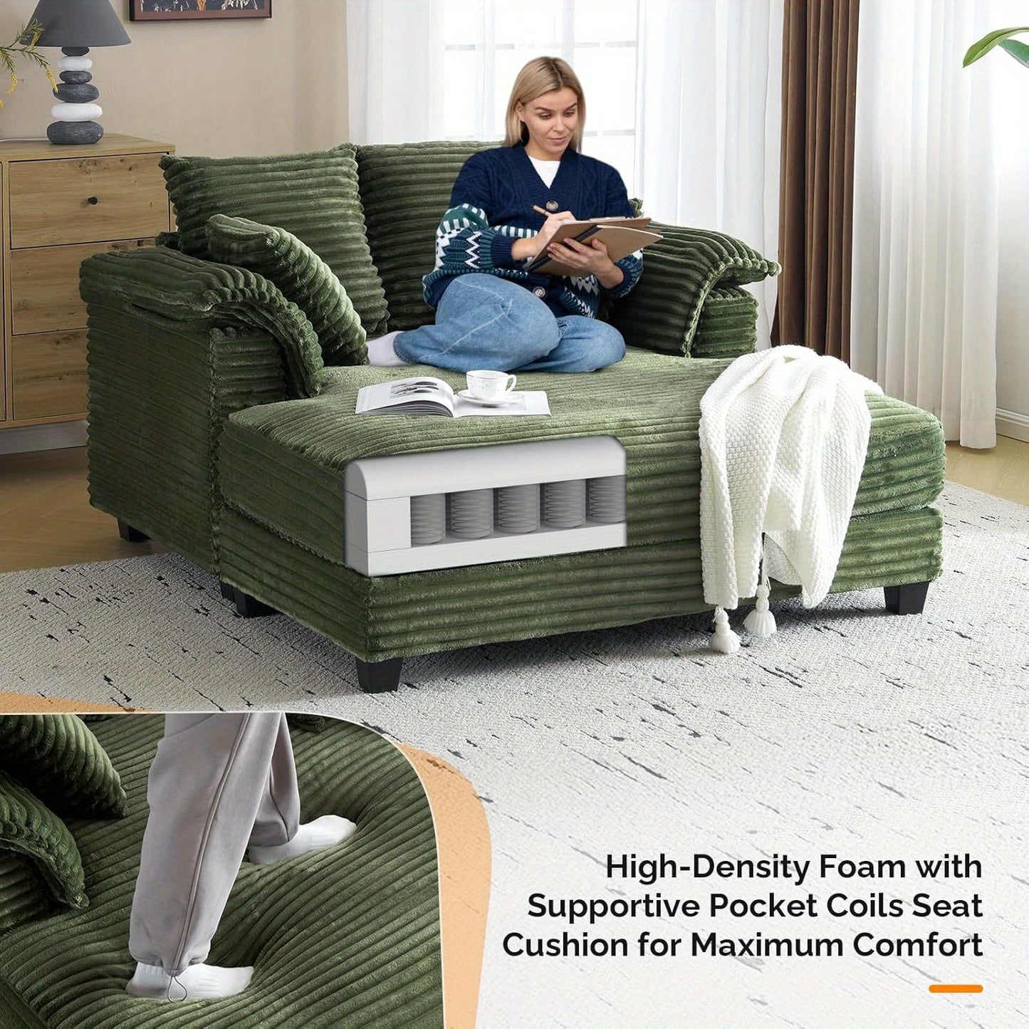 MOTOOS 56" Oversized Sofa Bed, Corduroy Recliner Oversized Sofa, Recliner Bed with Throw Pillows and Armrests, Upholstered Comfortable Sleeper Reading Chair for Living Room, Bedroom, Movie Room
