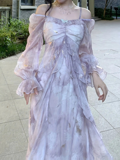 A Stylish Off-Shoulder Long Sleeve Dress for Women Featuring a Lavender Floral Pattern, Ruffle Collar, And A-Line Silhouette. Suitable for Both Formal And Casual Occasions, This Machine Washable Dress Is Perfect for Spring An
