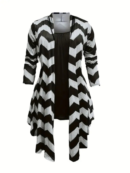 Women's 3pcs Chevron Striped Winter Set - Asymmetric Cardigan, Camisole Top & Leggings Pants | Black & White Contrast Matching Outfit for Fall/Winter, Casual to Dressy Wear, Hand Washable Coordinated Ensemble