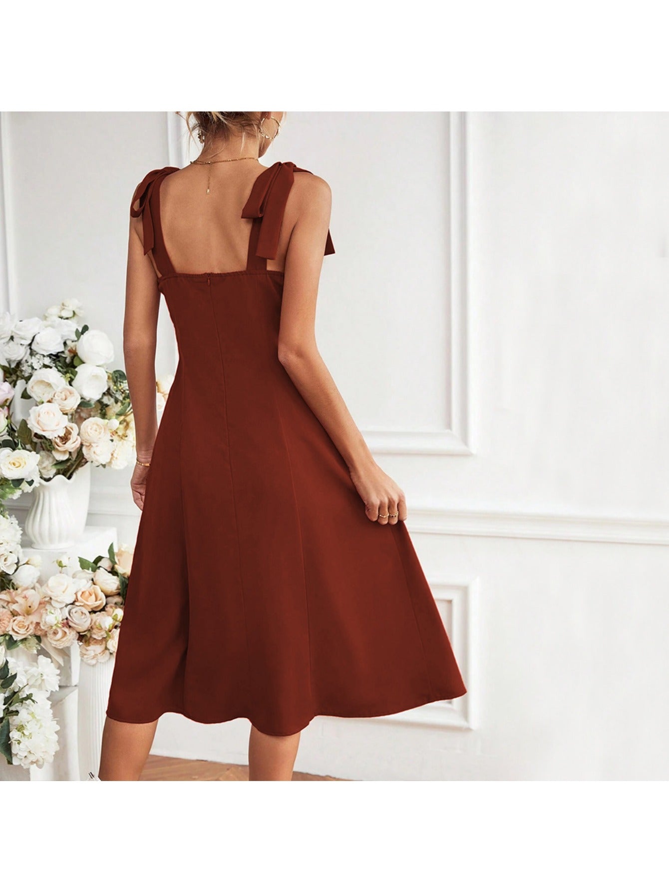 Line -Neck Shimmer Midi Dress - Front Ruching & Side Slit Waist-Defining Dress Suitable for Date Night, Spring/Summer Wedding Guest Dress - Machine Washable Solid Color Elegant Dress