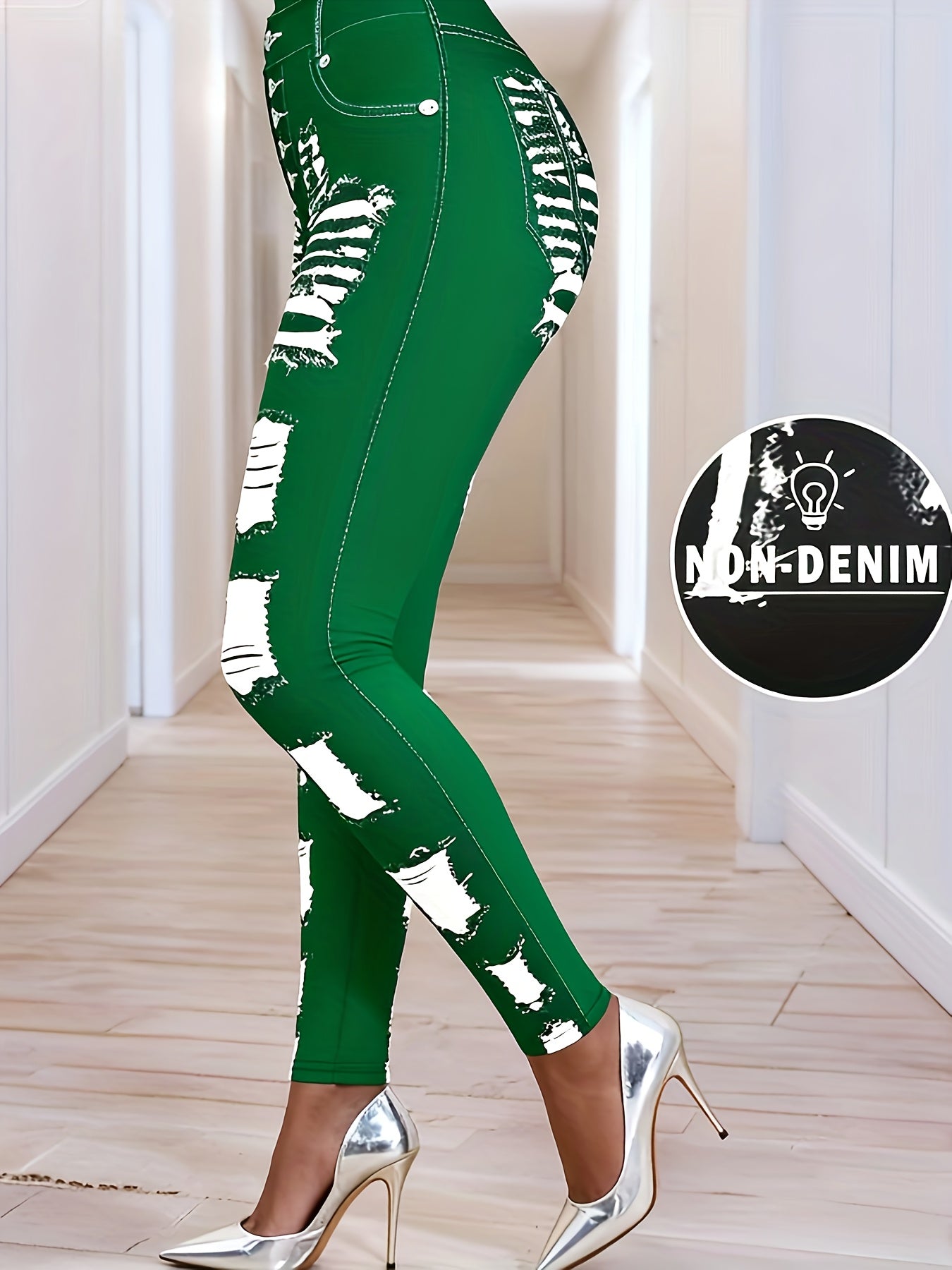 [Printed Pants - Not Denim Fabric] Printed Legging - Not Denim Fabric - Christmas Plus Size Women's Digital Print Denim-Look Leggings, Stretch Polyester, All-Season Casual Slim-Fit Pants, Regular Fit, Adult Sizes, Machine Was