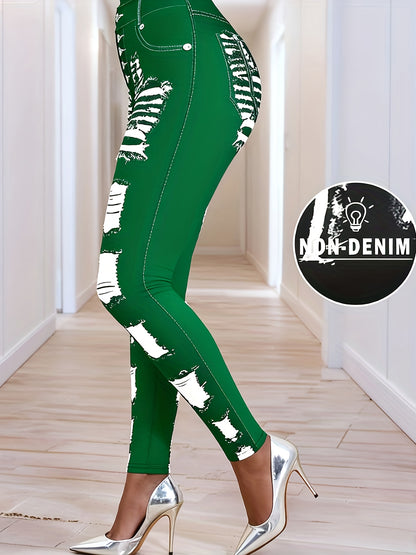 [Printed Pants - Not Denim Fabric] Printed Legging - Not Denim Fabric - Christmas Plus Size Women's Digital Print Denim-Look Leggings, Stretch Polyester, All-Season Casual Slim-Fit Pants, Regular Fit, Adult Sizes, Machine Was