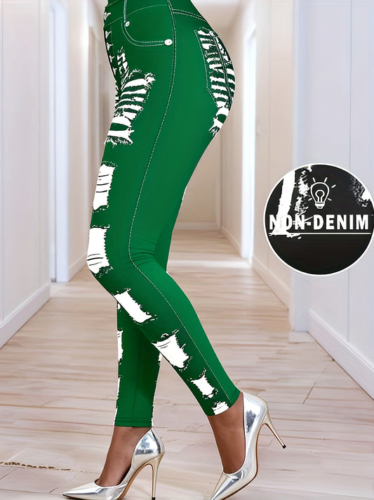 [Printed Pants - Not Denim Fabric] Printed Legging - Not Denim Fabric - Christmas Plus Size Women's Digital Print Denim-Look Leggings, Stretch Polyester, All-Season Casual Slim-Fit Pants, Regular Fit, Adult Sizes, Machine Was