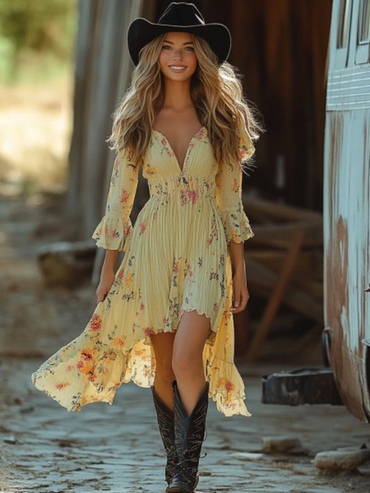 HERTALK Summer Western Cowboy-Inspired Floral Patterned Vintage Short-Sleeve Dress