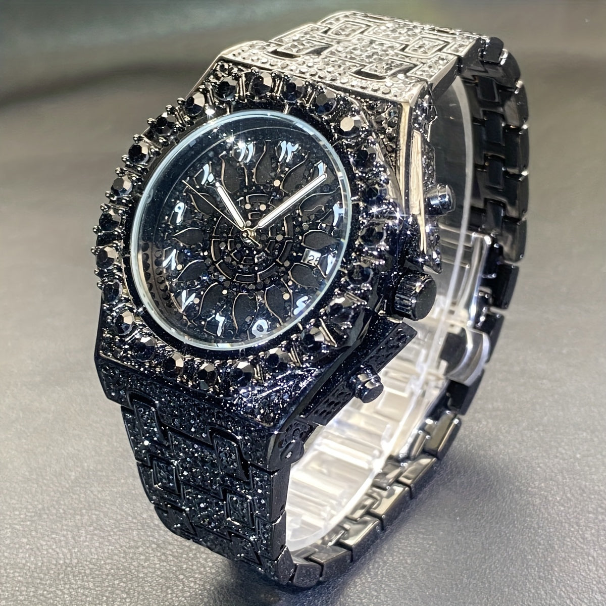 Men's Hip-hop Watch, Dating Party Men's Watch, Large Dial Green Ice Rhinestone, Luminous Pointer Clock, Men's Luxury Gift