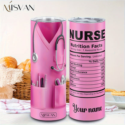 1pc MISVAN Nurse-Themed 20oz Vacuum Insulated Cup with Lid - Customizable "Your Name" Design, Pink Stethoscope & Medical Symbol, Perfect Gift for Mother'S Day, Father'S Day, Nurses' Day & Birthdays, Travel & Sports Drinkware,