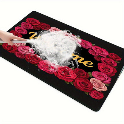 1pc Non-Slip Welcome Doormat - Red Roses & Welcome Golden Lettering on Black Background, High Quality Bathroom Mat, Entryway Mat, Camping Floor Mat - Machine Washable Rubber Backing for Indoor/Outdoor Use - Perfect for Christ