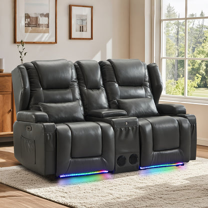 Power Loveseat Recliner With LED Lighting, Home Theater Seating Sofa With Storage & Cup Holders For Living Room RV, Faux Leather