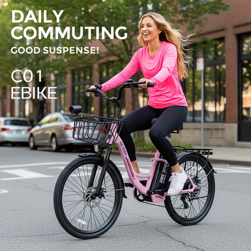 Cruiser Electric Bike For Women, 500W Motor 36V/10.4Ah Removable Battery, 25-40 Miles 20MPH, 24 Inch Electric Bike High-Carbon Steel Frame, 7-Speed With Front Basket -Beach Commuter Ebike For Adults, Ebike With Basket, Sakura