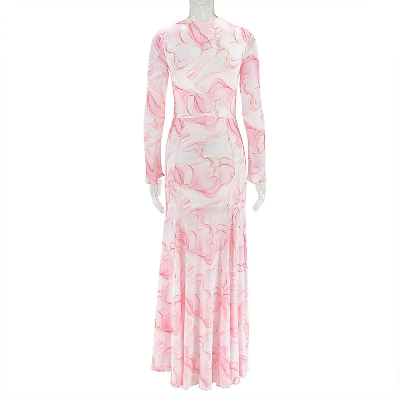 ARTPAGE Style New Sweet Printed Women'S Clothing Splicing Slim Pleated Hip Skirt High Collar Long Sleeve Dress Trend