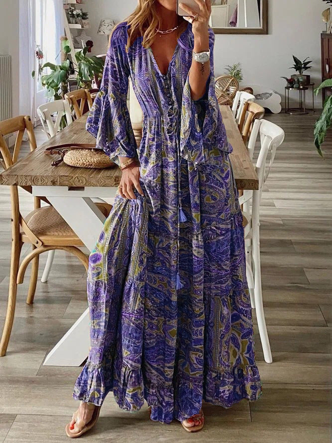 Women'S Autumn Fashion, Chic V-Neck Waist, A-Line Small Floral Design, Sophisticated Feminine Dress, Long Skirt