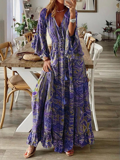 Women'S Autumn Fashion, Chic V-Neck Waist, A-Line Small Floral Design, Sophisticated Feminine Dress, Long Skirt