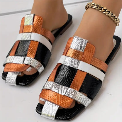 Women'S Slip-On Square Toe Sandals - Slip-Resistant Rubber Sole, Cushioned Insole - All-Season Beach, Casual, Party Shoes - Black/Orange/White Colorway - Synthetic Cover Upper - Everyday & Formal Events Footwear, Beach Wear,