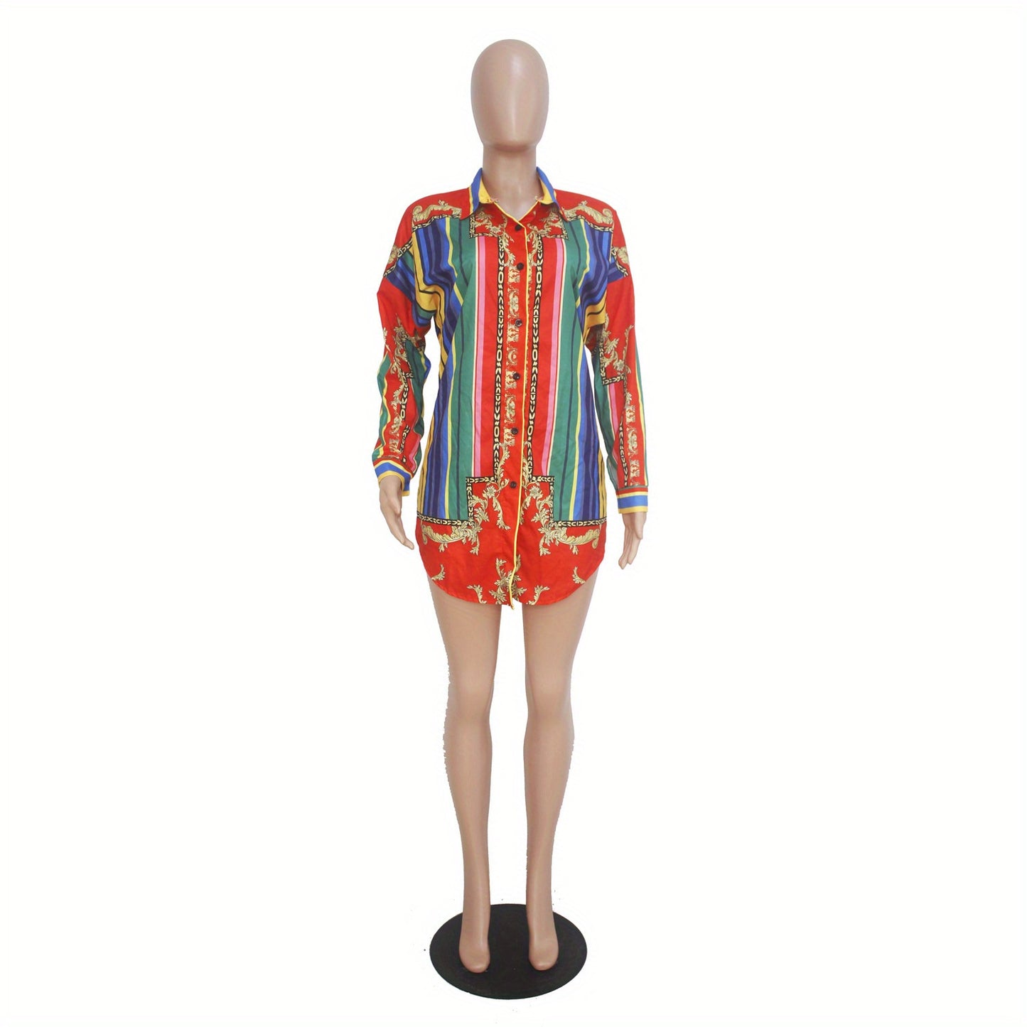 Ladies' Casual Shirt Dress with Colorful Striped Long Sleeved Shirt Dress
