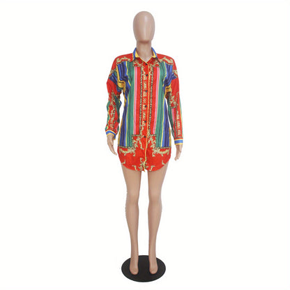 Ladies' Casual Shirt Dress with Colorful Striped Long Sleeved Shirt Dress