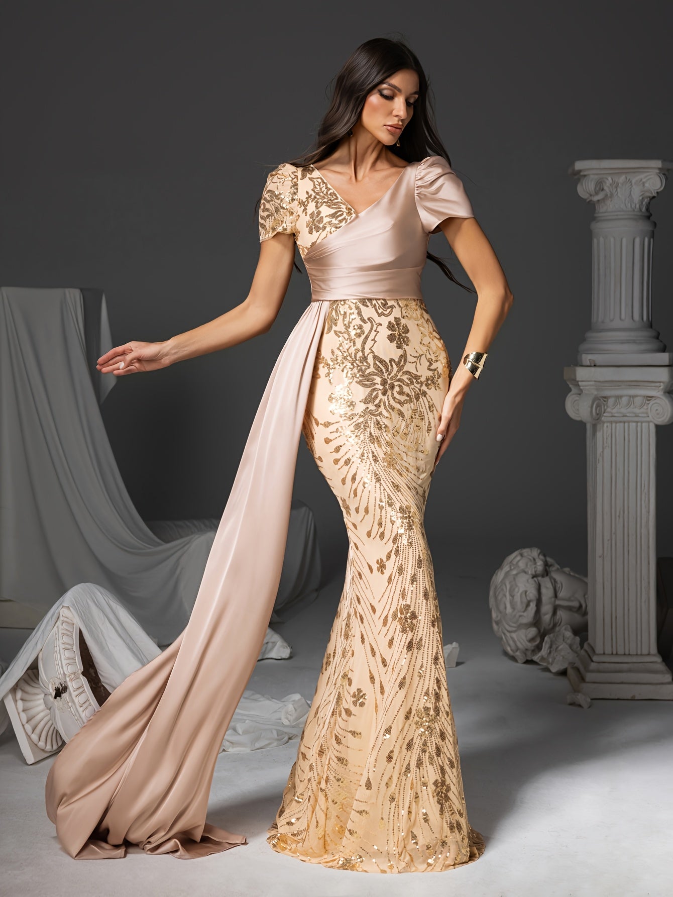 [V-Neck Puff Sleeves] Elegant Champagne Floral Print Mermaid Dress with Sequin Detailing, V-Neck & Puff Sleeves - Long Formal Gown for Weddings, Parties, and Special Occasions, Wedding Guest Dress | Vneck Dress | Sequin Embel