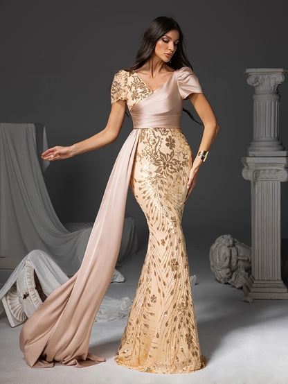 [V-Neck Puff Sleeves] Elegant Champagne Floral Print Mermaid Dress with Sequin Detailing, V-Neck & Puff Sleeves - Long Formal Gown for Weddings, Parties, and Special Occasions, Wedding Guest Dress | Vneck Dress | Sequin Embel