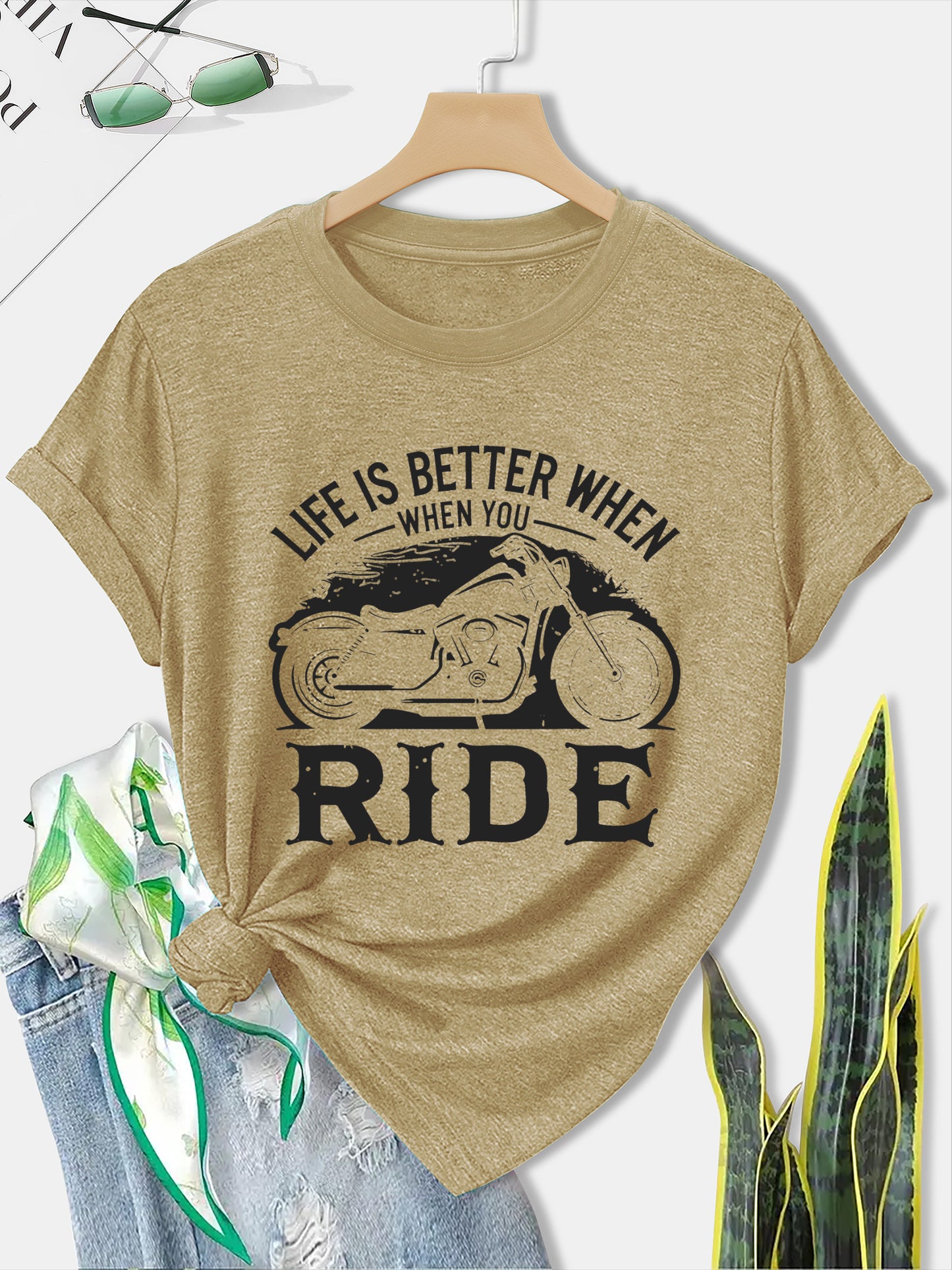 Women'S Motorcycle Graphic Long Sleeve T-Shirt - Turquoise Riding Slogan Print, Loose Fit Casual Top with Round Neck, All-Season Comfort for Motorcycle Enthusiasts, Outdoor Riding & Casual Attire, Breathable & Durable Apparel
