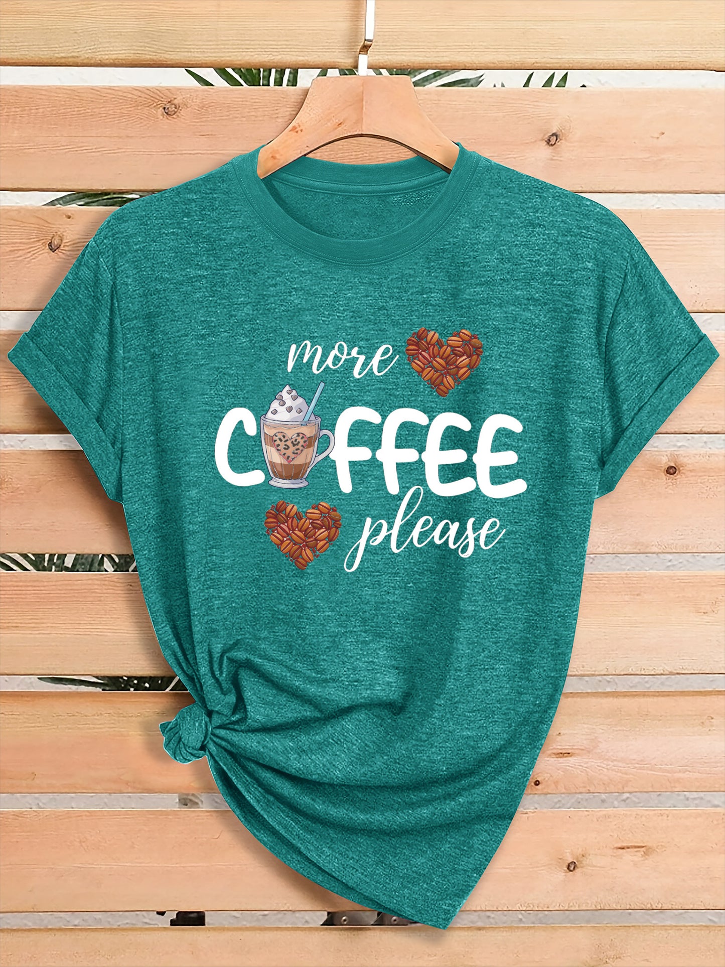 Women'S Coffee Lover Graphic T-Shirt - "More COFFEE Please" Print with Coffee Beans & Heart Eyes - Soft Stretch Round Neck Casual Streetwear Top for Gym, Casual Attire & Coffee Shop Outfits - All-Season Comfort Fit Tee, Coffe