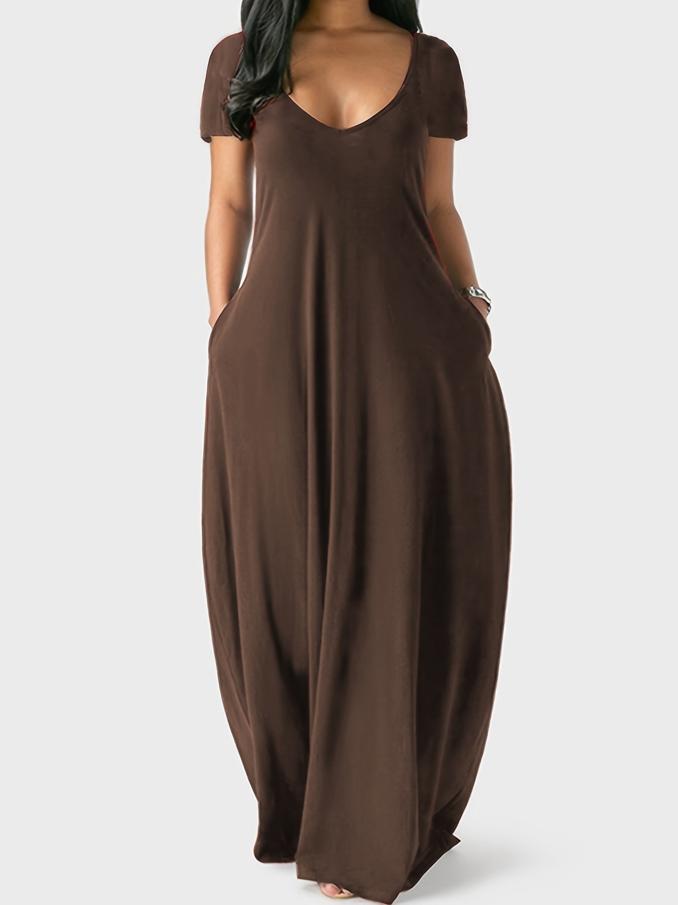 Solid Simple Dress, Casual Short Sleeve Maxi Dress With Pockets, Women's Clothing