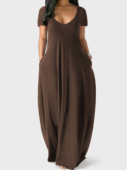 Solid Simple Dress, Casual Short Sleeve Maxi Dress With Pockets, Women's Clothing