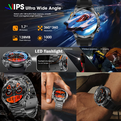Paearofero 1000mAh Large Battery Outdoor Smartwatch, LED Flashlight, Wireless Calling, Voice Assistant, Multi-Function Reminder, Sports Fitness, 1.7-inch HD Display, Alloy Body, Men'S Smartwatch for iPhone&Android, Holiday Gi