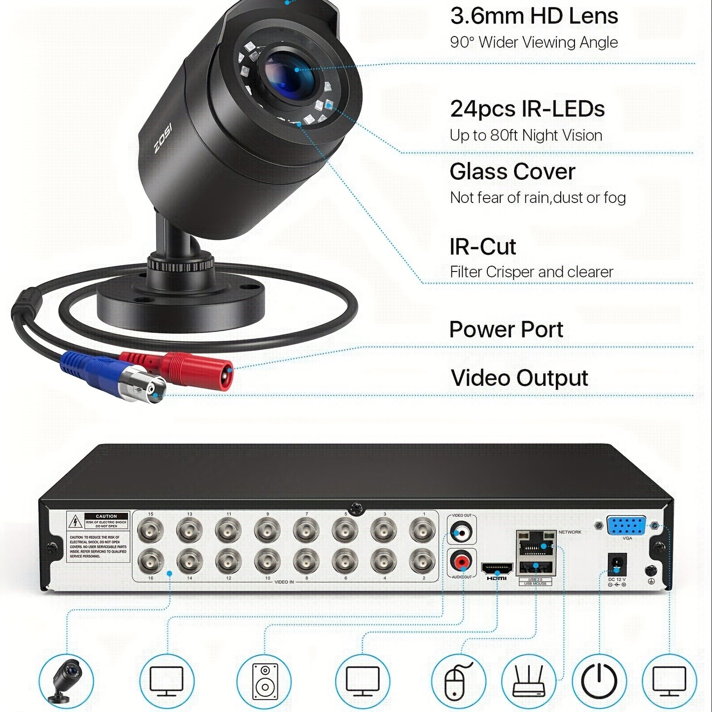 ZOSI 16-Channel 3K Lite Security Camera System with 12 Wired Cameras, 80ft IR Night Vision, AI Human/Vehicle Detection, 1080P Outdoor/Indoor CCTV DVR, H.265+ Smart Recording, 24/7 Monitoring, 16-Channel DVR with AI-Powered Al