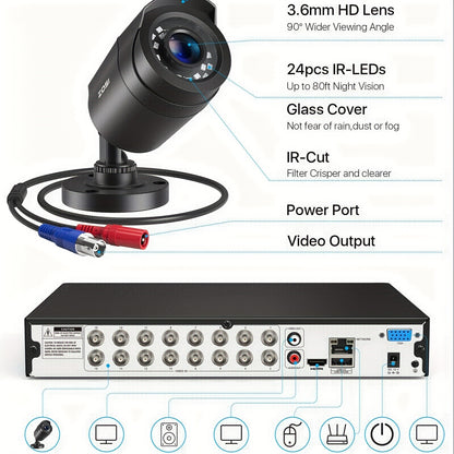 ZOSI 16-Channel 3K Lite Security Camera System with 12 Wired Cameras, 80ft IR Night Vision, AI Human/Vehicle Detection, 1080P Outdoor/Indoor CCTV DVR, H.265+ Smart Recording, 24/7 Monitoring, 16-Channel DVR with AI-Powered Al