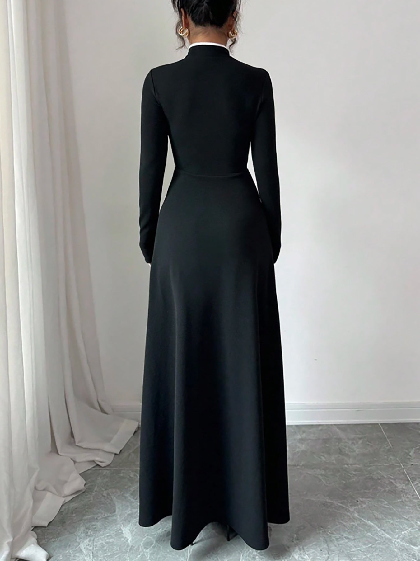 Women'S Elegant Chinese-Inspired A-Line Maxi Dress with Asymmetrical Hem & Stand Collar - Black & White Color Block, Long Sleeve, Round Neck, All-Season Versatile