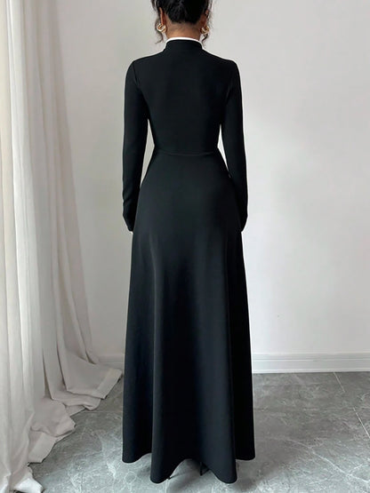Women'S Elegant Chinese-Inspired A-Line Maxi Dress with Asymmetrical Hem & Stand Collar - Black & White Color Block, Long Sleeve, Round Neck, All-Season Versatile