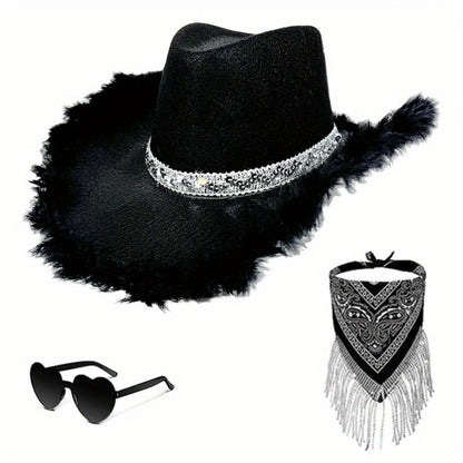 3pcs Western Cowboy Hat Set Unisex Rhinestone Cowboy Hats with Wide Brim Cowgirl Hat Eyeglass and Scarf Set Festival Cowboy Costume Accessories for Weddings and Outdoor Events