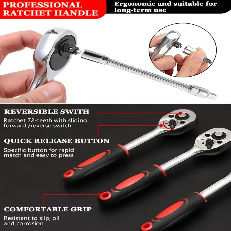 High-end Professional 45+1/215+1pc Tool Set, Auto/bicycle Repair Machinery Kit, 1/2 Inch *1/4 Inch 3/8 Inch Drive Depth And Standard Wrench Set, Race-grade Auto Parts Repair Ratchet Wrench And Other Auto Repair Accessories To