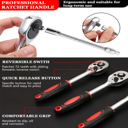 High-end Professional 45+1/215+1pc Tool Set, Auto/bicycle Repair Machinery Kit, 1/2 Inch *1/4 Inch 3/8 Inch Drive Depth And Standard Wrench Set, Race-grade Auto Parts Repair Ratchet Wrench And Other Auto Repair Accessories To