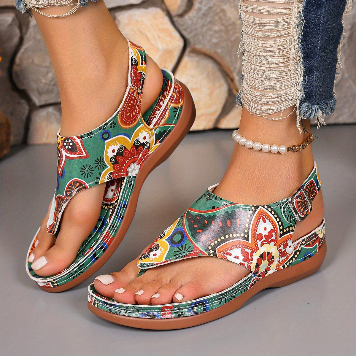 Women'S Plus Size Ethnic Floral Sandals - Adjustable Ankle Strap, Open Toe Platform Wedge Heel, Vibrant Embroidered Flower Design, Summer Casual Shoes, European & American Style, Summer Footwear | Vibrant Embroidery | Durable