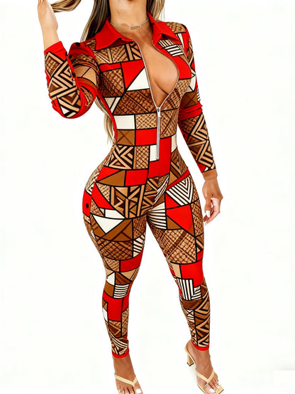 Women's Lightweight Full-Body Animal Print Jumpsuit - Zipper Front Long Sleeve Suit, Tight-Bodied One-Piece for All-Season Casual Wear, Machine Washable y Outfit ( Collar)