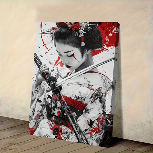 1pc Japanese Geisha Canvas Wall Art with Frame - Traditional Samurai Warrior Design, Vibrant Red & Black Ink Splatter, Wrapped Canvas for Halloween Christmas Easter Thanksgiving Home Decor, Party Accent Piece, Seasonal Decora