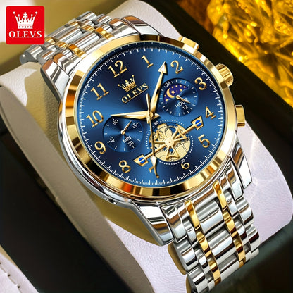 OLEVS Men's Luxury Multifunctional Quartz Watch - Stainless Steel Luminous Analog Watch with Moon Phase, Chronograph, Date/Day/24H Indicator, Golden-Tone & Bracelet for Business, Casual, Casual Attire - Dress Watch