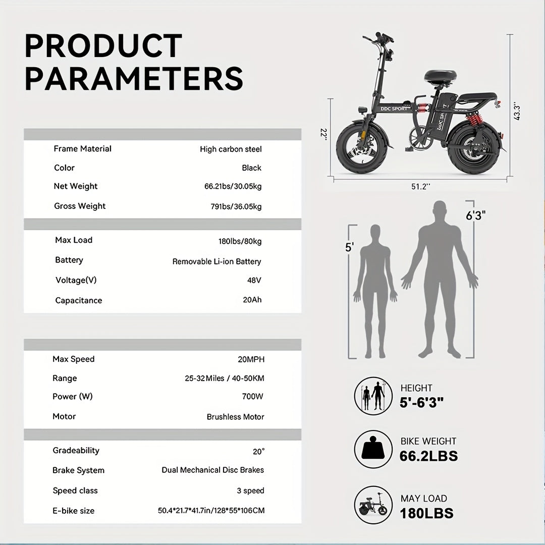 Foldable Electric Bike for Adults & Teens, M1 700W Ebike, 48V 20Ah Removable Battery 32km/h, LCD Display, Perfect for Back to College, Dual Disc Brakes, Commuting, Camping And Giving (Fall Deal)