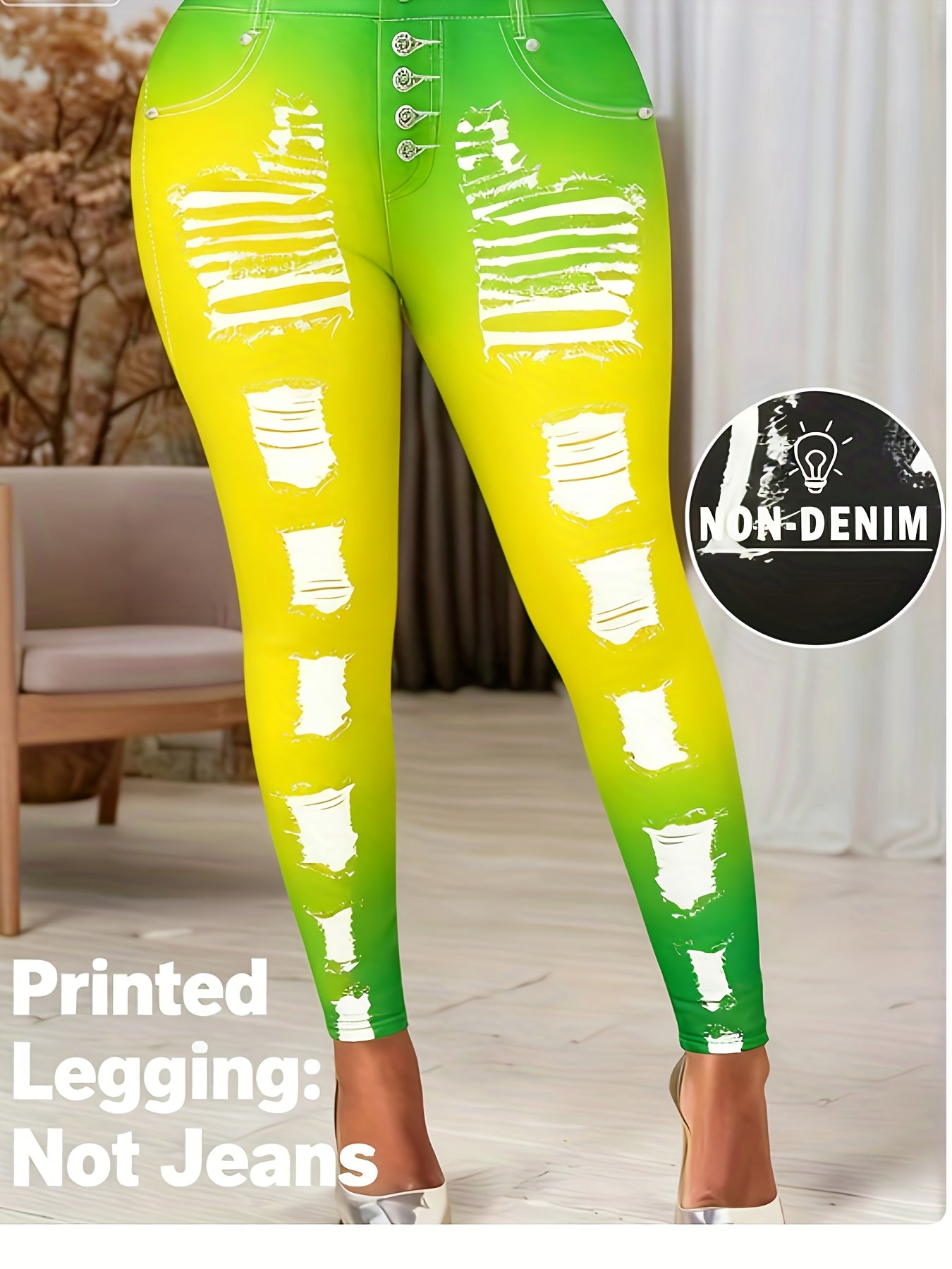 [Printed Pants - Not Denim Fabric] Printed Legging - Not Denim Fabric - Christmas Plus Size Women's Digital Print Denim-Look Leggings, Stretch Polyester, All-Season Casual Slim-Fit Pants, Regular Fit, Adult Sizes, Machine Was
