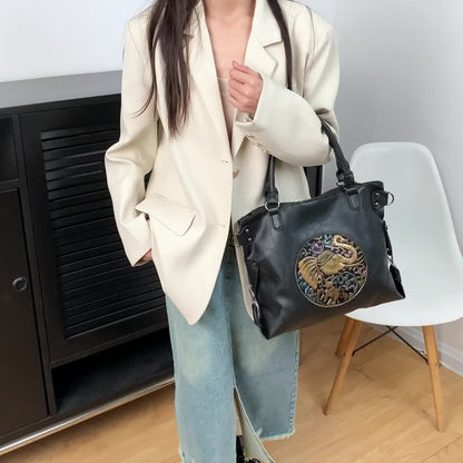 Women'S Large Capacity Tote Bag with Adjustable Strap - Elegant Black & Golden Animal Print (Elephant, Leopard, Lion, Tiger, Dragon) - Durable Synthetic Faux Leather-like Texture, Spacious Everyday Purse for Work, Travel, Ver
