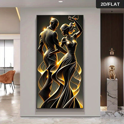 Modern Abstract Couple Wall Art - Large Frameless Canvas Poster 59.99x119.99cm (23.6"x47.2") - Golden & Black Swirl Pattern Dynamic Pose Elegant Textured Painting for Bedroom, Living Room, Hallway Decor - Contemporary Minimal