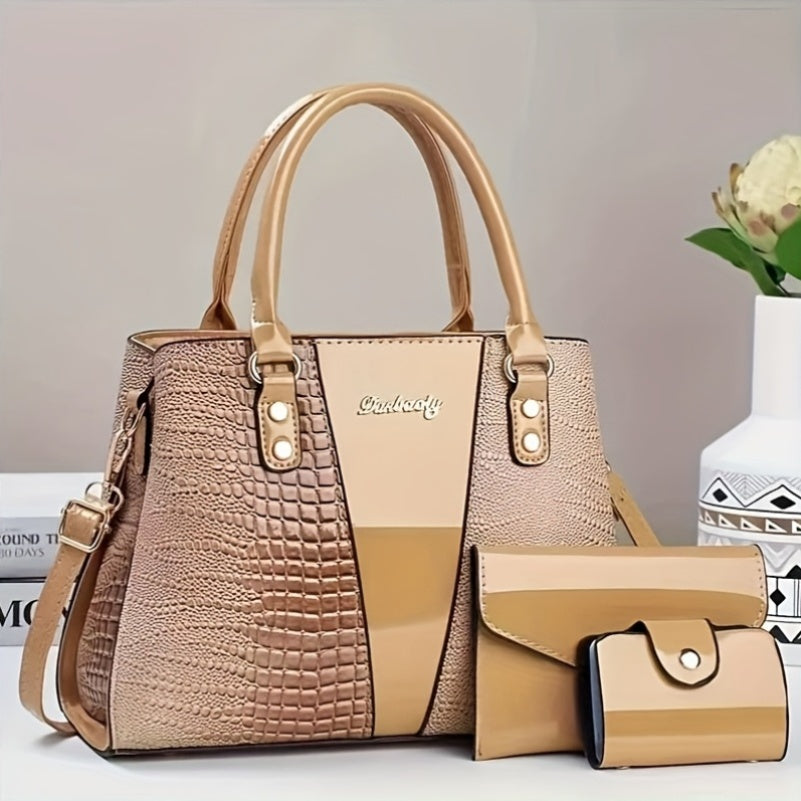 3pcs, Classic Large Capacity Mom Bag, Bright Surface Crocodile Pattern Multi-pocket Compartment Bag, Designer Bags for Women, Vintage Purse, Womens Hand Bag, Designer Bags for Women High Quality, Everyday Purse, Travel Access