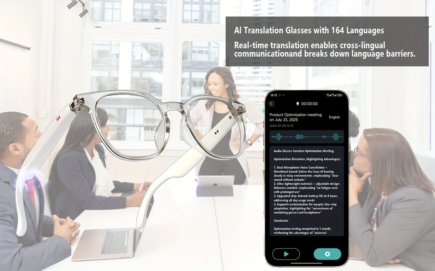 AI Translation Smart Glasses with 160+ Language Real-Time Translator, Enabled, Built-in Mic/Speaker & Music Playback - Photochromic for Men & Women, Driving &