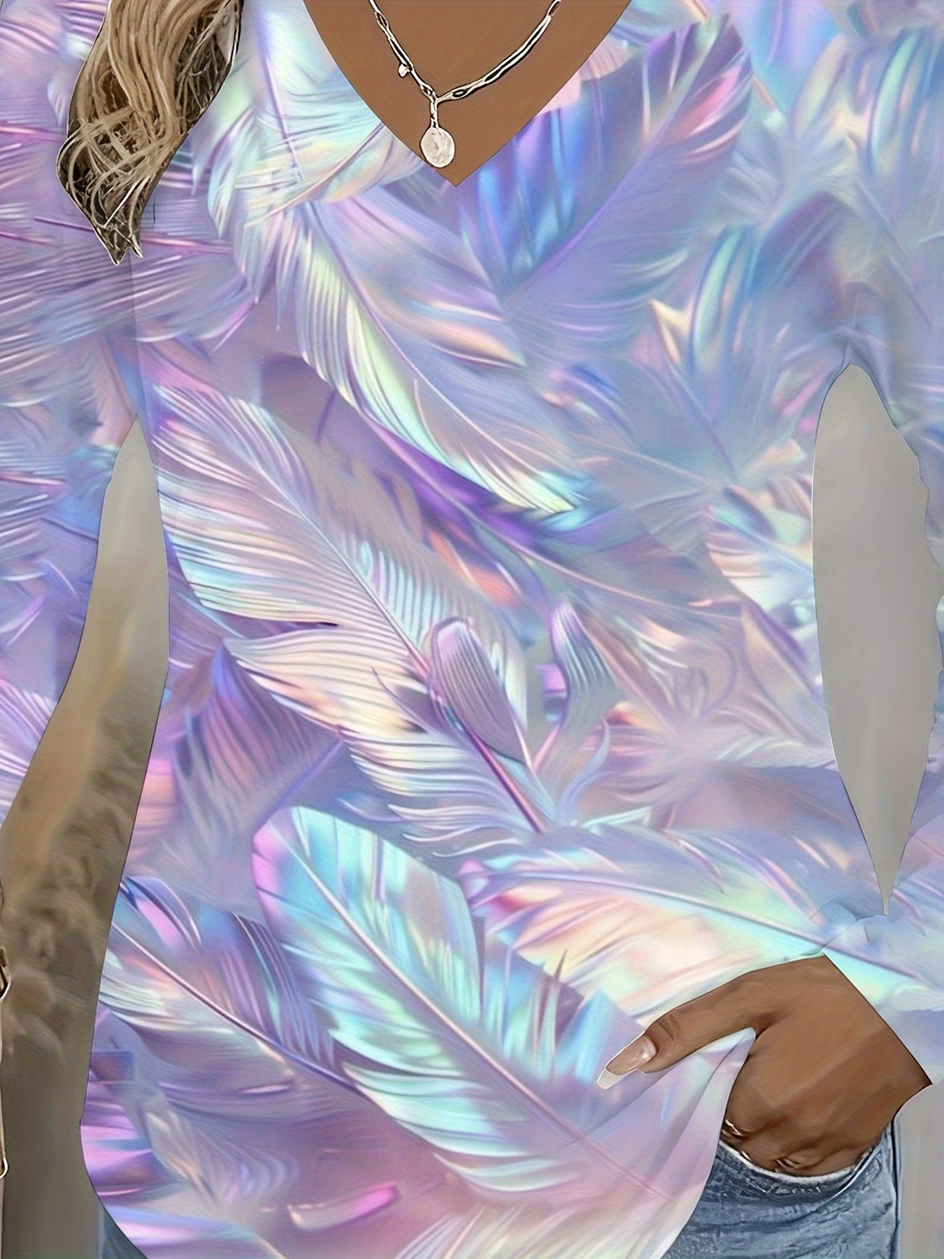 Ladies' Shimmering Iridescent V-Neck Long Sleeve Tee - Sparkling Multicolor Pastel Blouse in Pink, Purple, Blue, Green, And White, Suitable for All Seasons And Parties, Machine Washable - Similar to a Layered Top